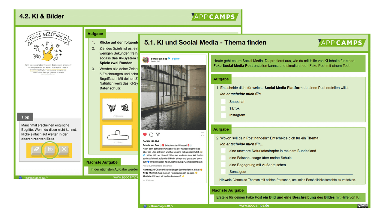 Mehrere Lernkarten von App Camps zum Thema Künstliche Intelligenz
