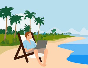 Cartoon einer Person mit Laptop auf einer Insel