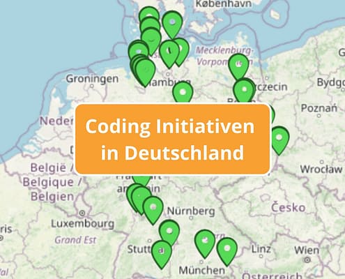 Karte von Deutschland mit Pinnadeln und Text: Coding Initiativen in Deutschland