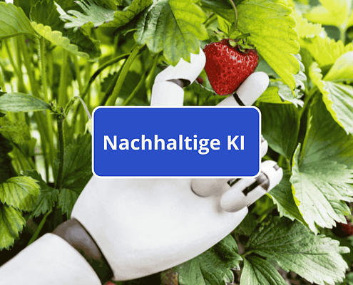 Roboterhand an Erdbeere, Text Nachhaltige KI
