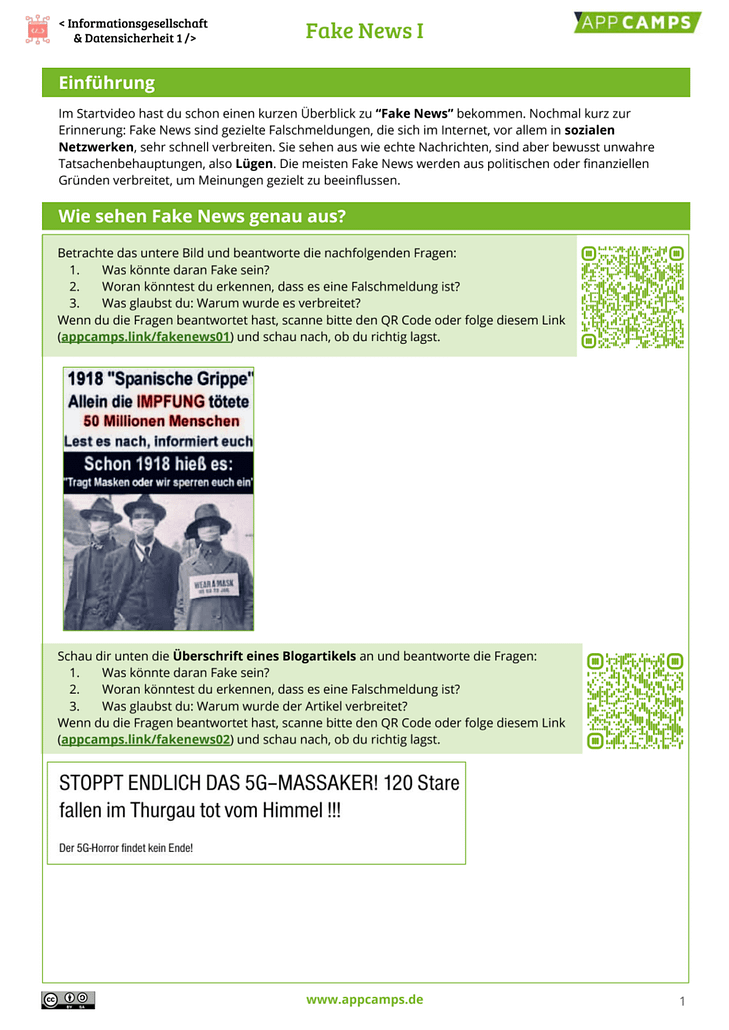 Fake News Arbeitsblatt Seite 1