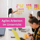 Agiles Arbeiten illustriert an einem Kanban Board mit Klebezetteln und Menschen