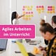 Agiles Arbeiten illustriert an einem Kanban Board mit Klebezetteln und Menschen
