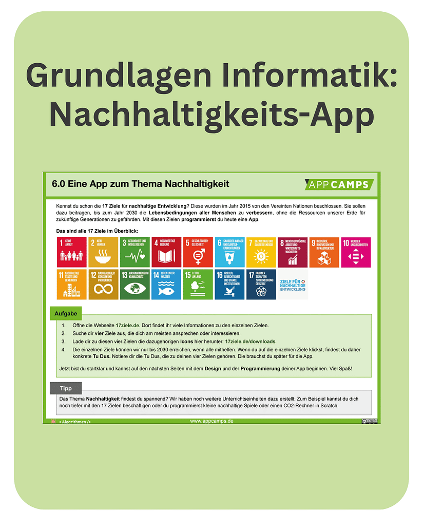 GI 2 Grundlagen Informatik: Einfache Nachhaltigkeits-App programmieren: Beispiellernkarte der Unterrichtseinheit
