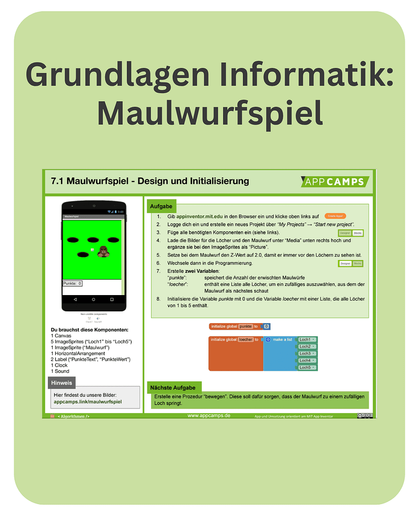 GI 3 Grundlagen Informatik: Einfaches Maulwurfspiel programmieren: Beispiellernkarte der Unterrichtseinheit