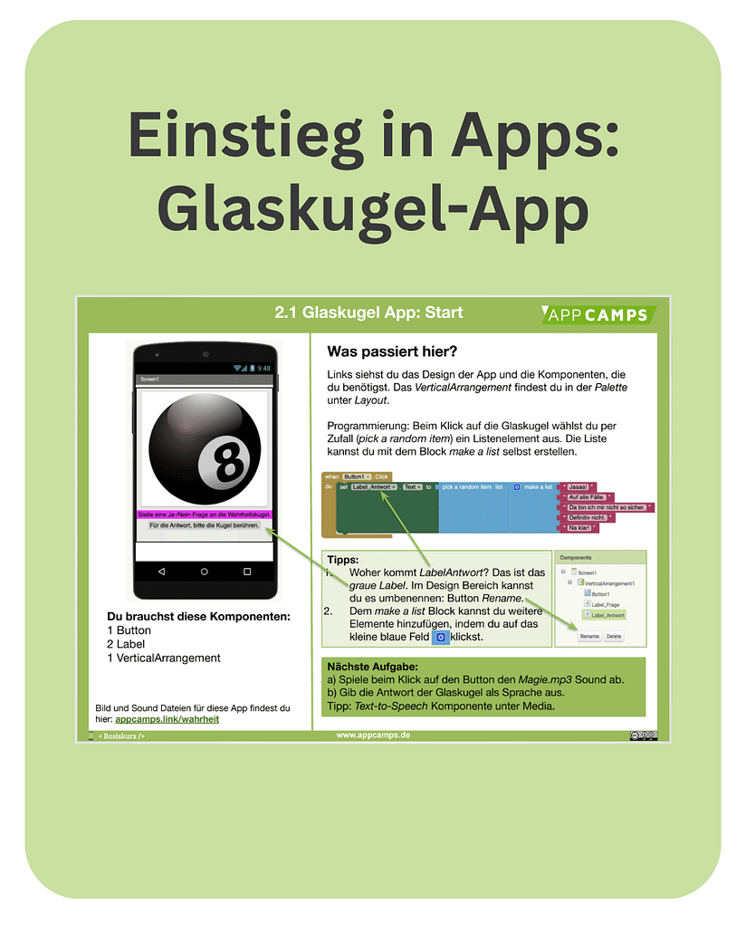 Glaskugel Einstieg in Apps: Einfache Glaskugel-App programmieren: Beispiellernkarte der Unterrichtseinheit