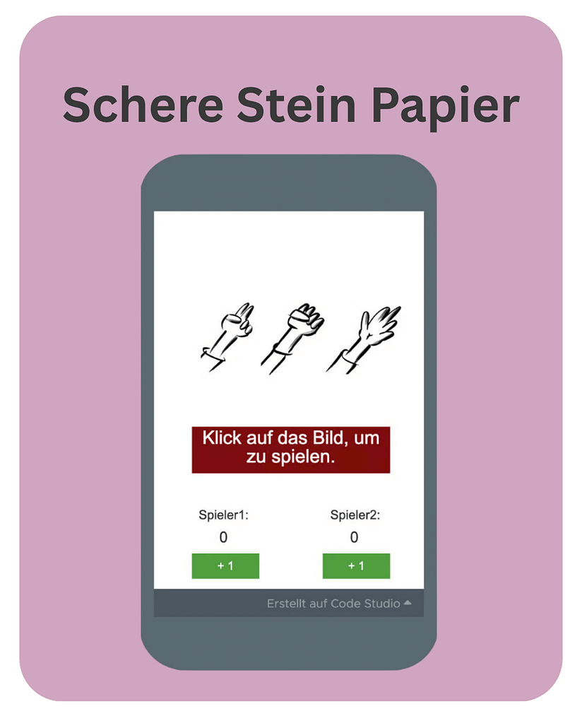 Java2 Smartphone stilisiert mit einem Screenshot des Spiels "Schere Stein Papier", programmiert mit JavaScript