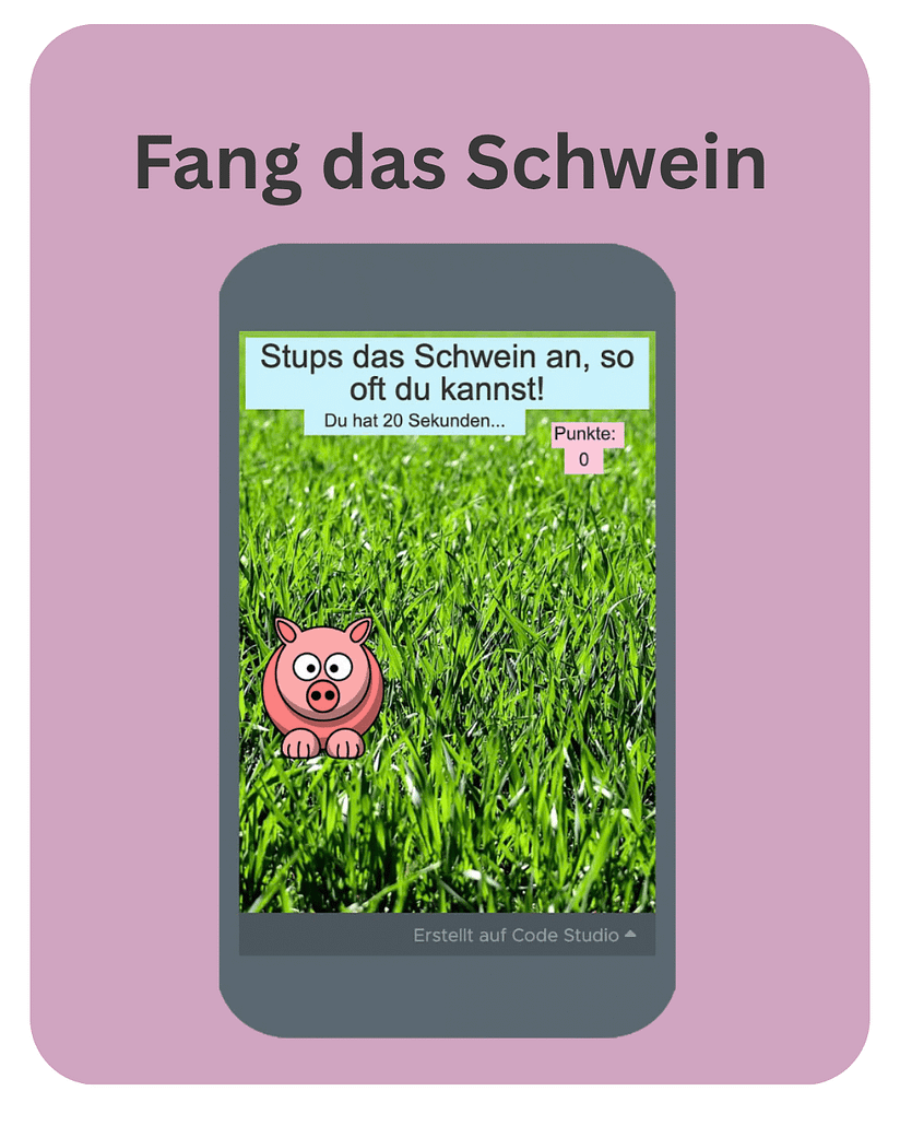 Java3 (2) Smartphone stilisiert mit einem Screenshot des Spiels "Fang das Schwein", programmiert mit JavaScript