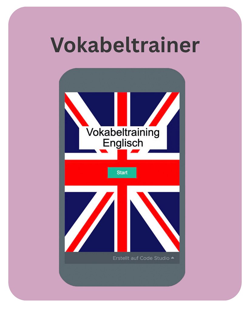 Java3 Smartphone stilisiert mit einem Screenshot des eines Englisch-Vokabeltrainers, programmiert mit JavaScript