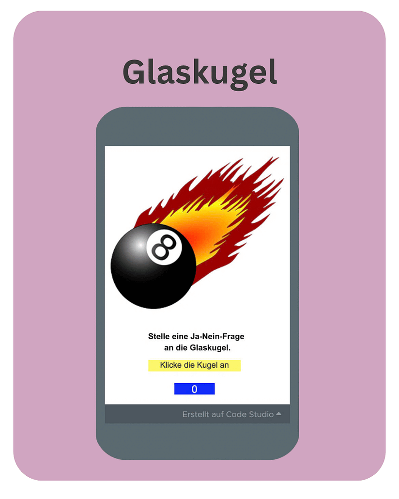 JavaScript1 Smartphone stilisiert mit einem Screenshot der Anwendung "Glaskugel", programmiert mit JavaScript