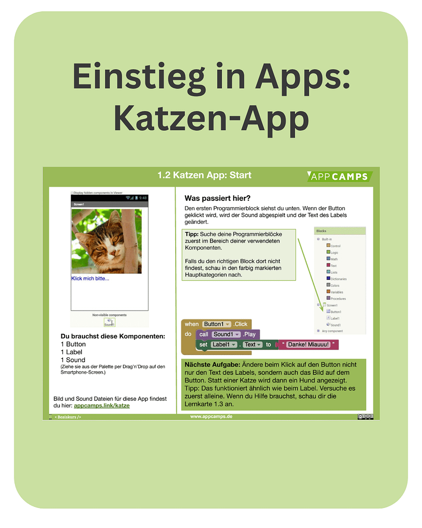 Katze Einstieg in Apps: Einfache Katzen-App programmieren: Beispiellernkarte der Unterrichtseinheit