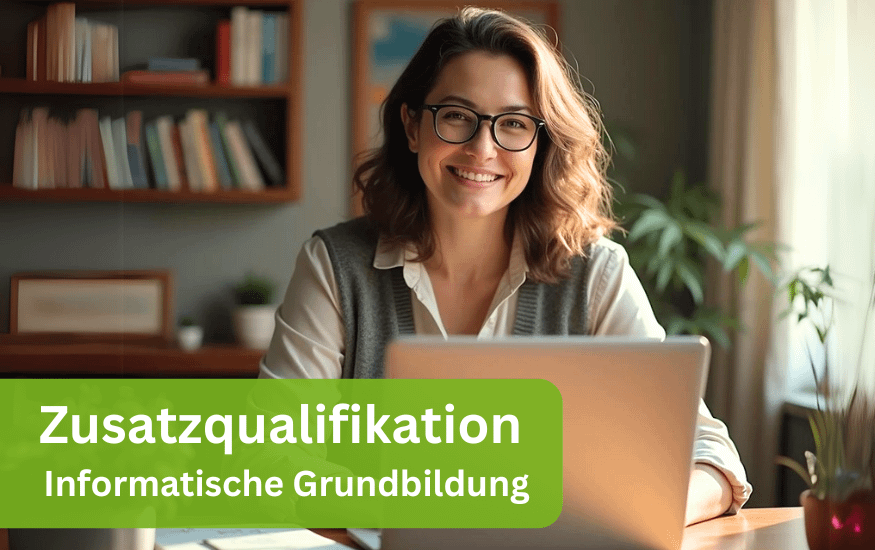 ZQ Informatische Grundbildung Frau am Rechner vor Bücherregal