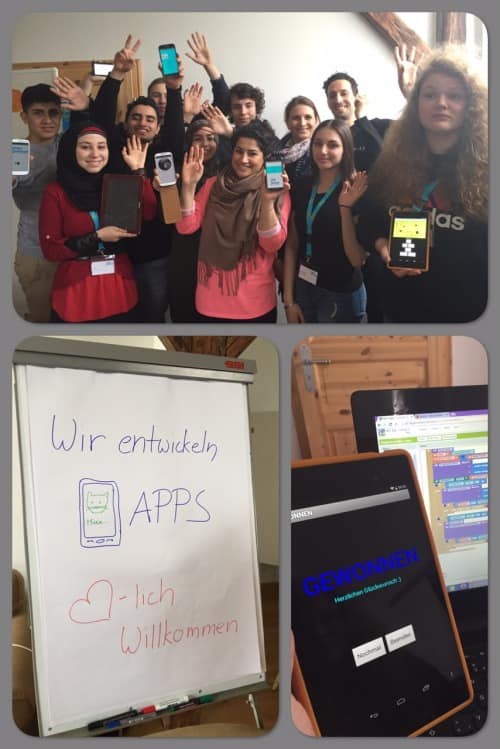 Collage mit Menschen, Flipchart und Laptop